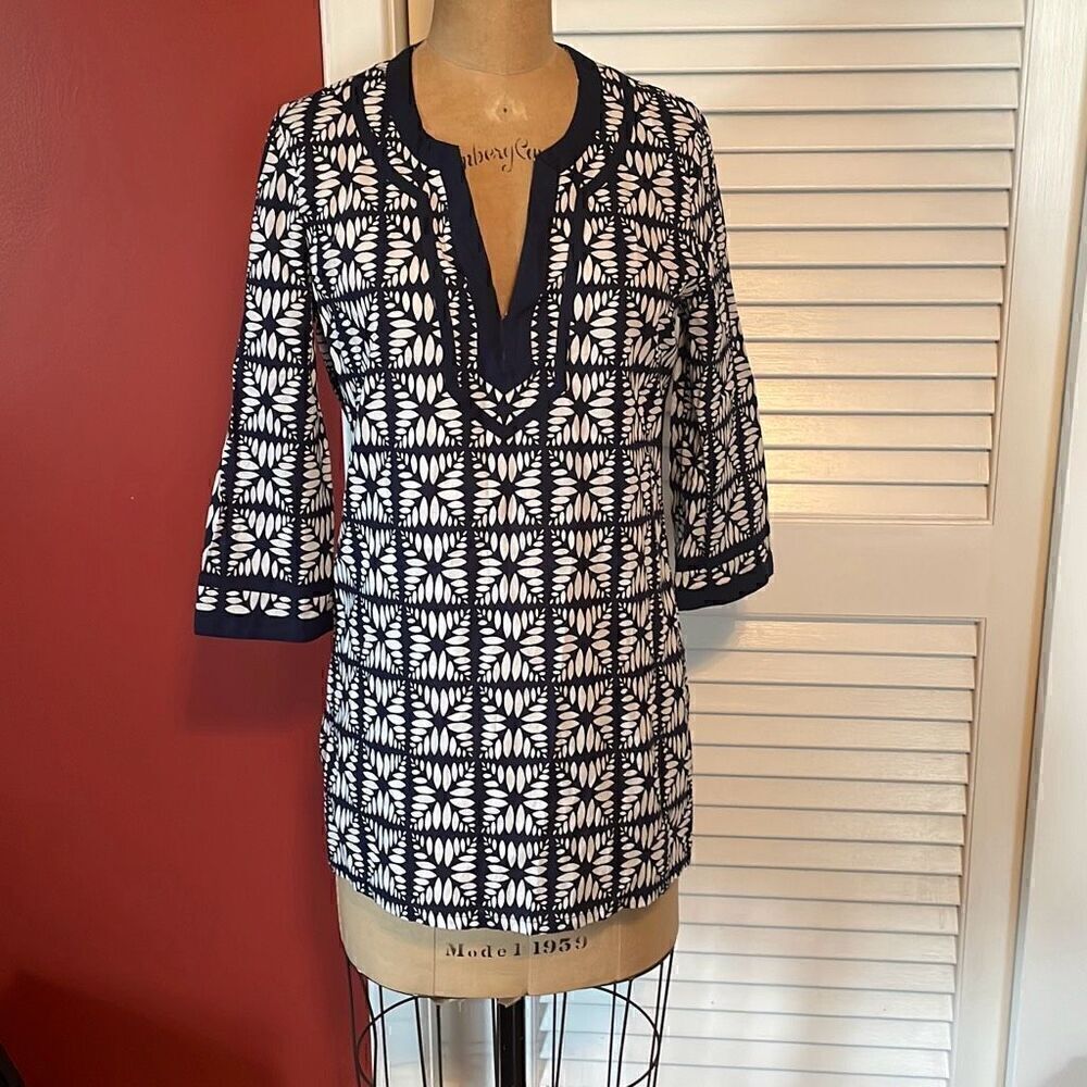 J CREW | navy blue & white v neck summer tunic XS